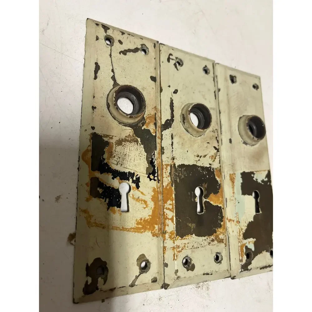 Lot of 3 Vintage Antique White Door Metal Backplates Escutcheon Chippy Paint